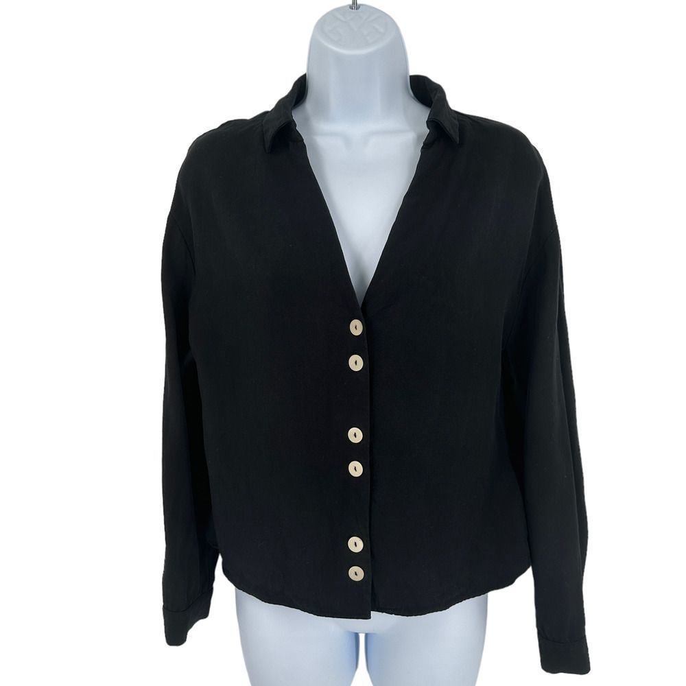 Zara TRF Collection Black Collared‎ V Neck Button Down Shirt Medium